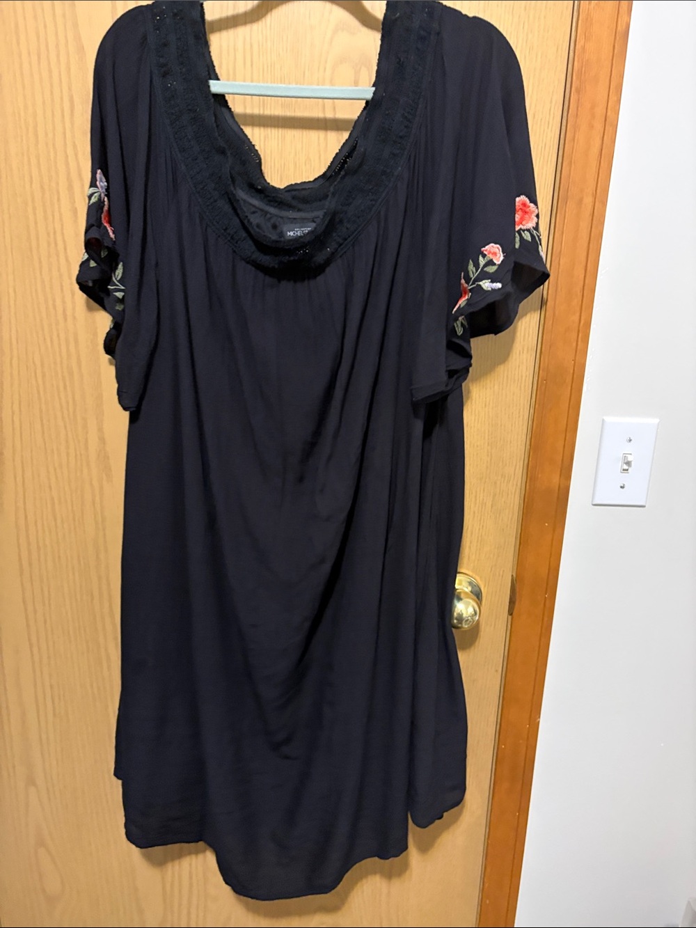 Michel Studio Black Dress with Embroidered Floral Sleeves